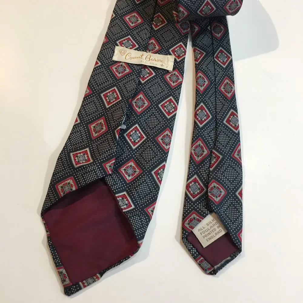 Count Barini Mens Silk Tie Navy Red Ivory Geometric Foulard Vintage Necktie